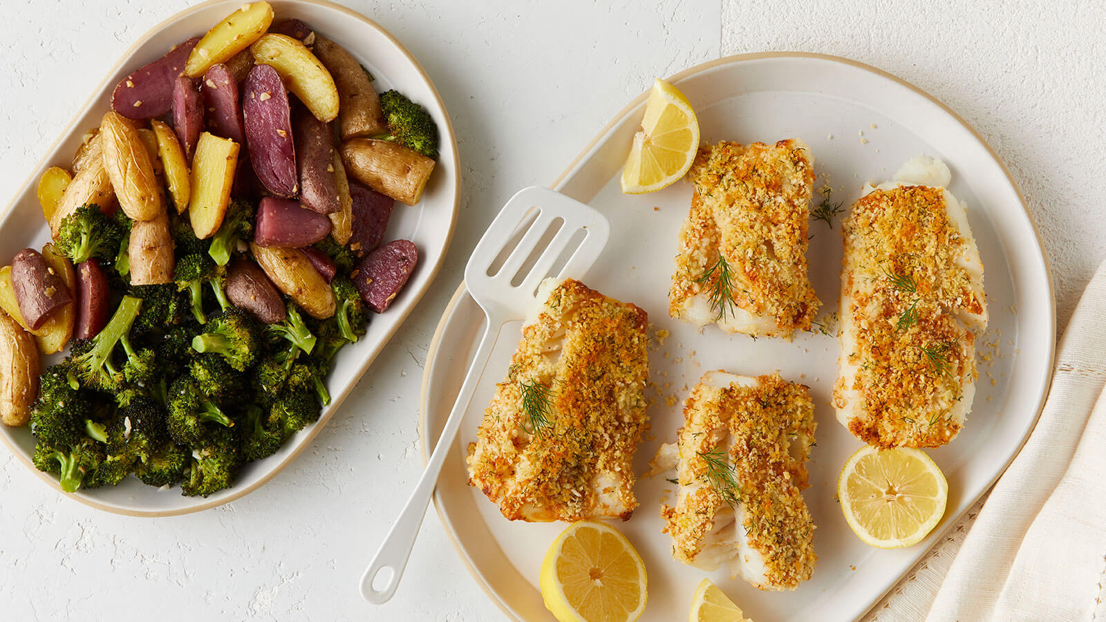 Panko Crusted Everything Cod with Garlic Roasted Broccoli and Potatoes